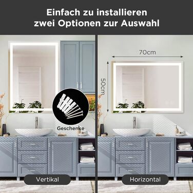 Дзеркало у ванну кімнату з підсвічуванням 50x70 см, сенсорне керування, протитуманне покриття, 3 кольори світла, регулювання яскравості, пам'ять налаштувань, матове покриття, прямокутна форма