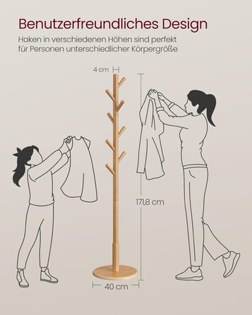 Стійка для одягу VASAGLE, дерев'яна, для вішалок та аксесуарів, 8 гачків, для прихожей, RCR010B01 (натуральний беж)