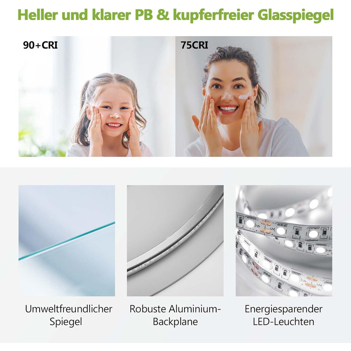 Круглий дзеркало для ванної кімнати з підсвічуванням S'AFIELINA 60 см LED з сенсорним вимикачем, 3 кольори світла (теплий, нейтральний, холодний), регулювання яскравості, 60x60 см