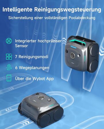 Робот-пилосос для басейну WYBOT C2: акумуляторний, для вбудованих басейнів до 150㎡, подвійне фільтрування, потужний двигун, чистка дна та стін, 180 хвилин роботи, керування через додаток (чорно-зелений-сірий)