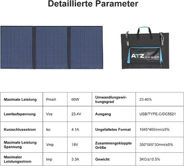 Сонячний генератор ATZ POWER Powerstation 296 Втгод, чиста синусоїда, PD 60 Вт USB-C, постійний струм, USB-A, автомобільний (панель 60 Вт)