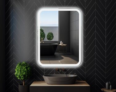 Дзеркало для ванної кімнати LED 50x70 см з підсвічуванням та сенсорним вимикачем, округлені кути, прямокутна форма