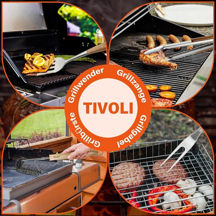 Набір гриля TIVOLI 4-частини з нержавіючої сталі з дерев'яними ручками: щипці, лопатка, щітка, виделка. Ідеальний подарунок для гриля та барбекю.