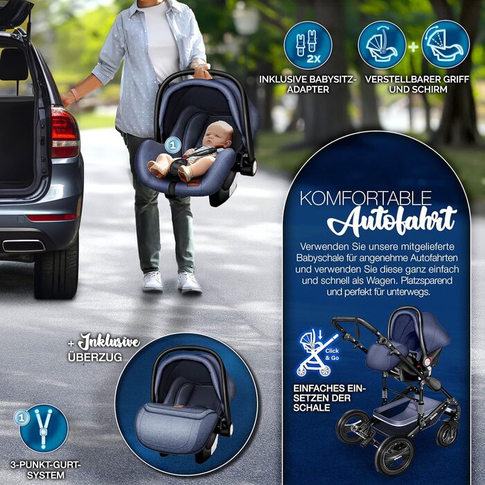 Дитяча коляска KIDUKU® 3 в 1 XXL Комплект | Комбінована коляска з люлькою, прогулянковим блоком та автокріслом | З підставкою для ніг, пеленальною сумкою, підстаканником, захистом від дощу, шинами з повним покриттям, відповідає стандарту ECE R129 (Синій /
