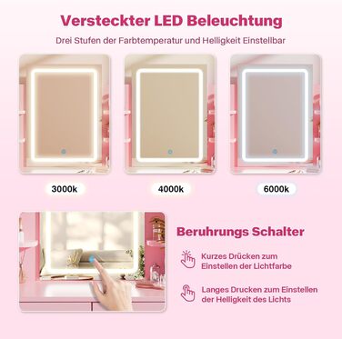 Трюмо Airfish з підсвічуванням 108x40 см: туалетний столик з дзеркалом, полицями, 2 шухлядами, регульоване освітлення, для спальні/вітальні (білий/рожевий)