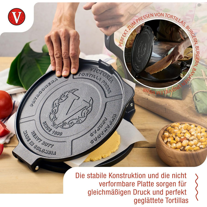 Пресс для тортилій Victoria: для мексиканських тортилій, колумбійських патаконів, роті, тако, арепас, кесадільї, емпанадас, патаконів (HD-чавун, 20 см)