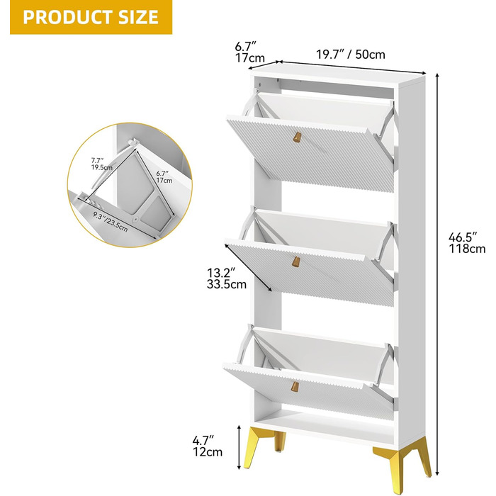 Шафа для взуття DWVO з 3 висувними ящиками, регульована перегородка, для прихожого, вітальні, біла