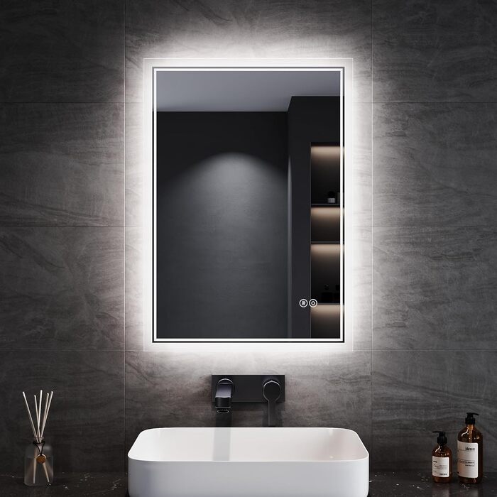 Дзеркало для ванної кімнати SONNI з підсвічуванням 80x60 см, 3 кольори світла, проти запотівання, LED, сенсорне керування, годинник, температура, 3x збільшення