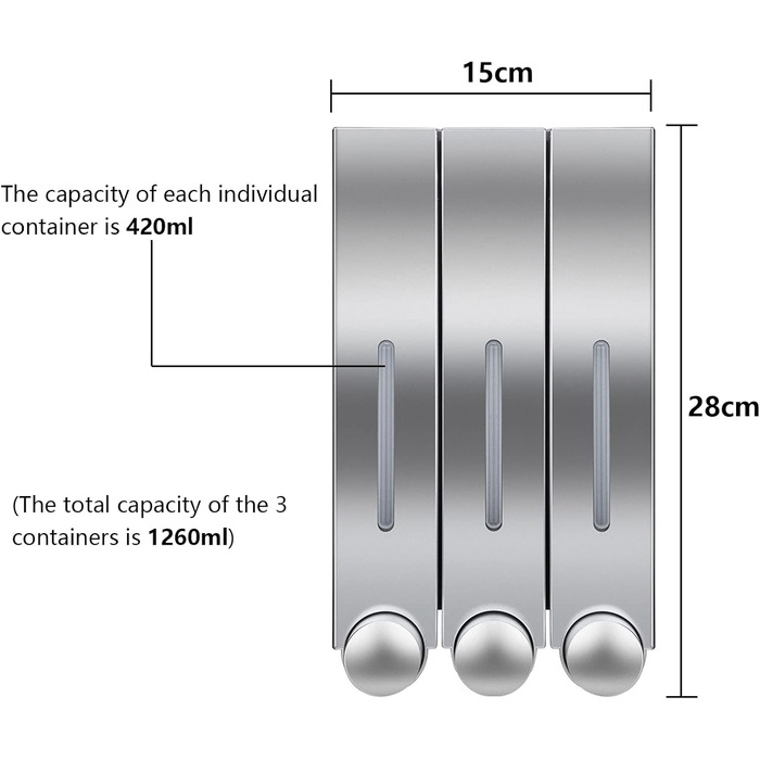 Настінний дозатор мила, лосьйон для душу, шампунь, гель, 3-шаровий, сріблястий, для ванної кімнати, туалету, офісу, кафе, готелю
