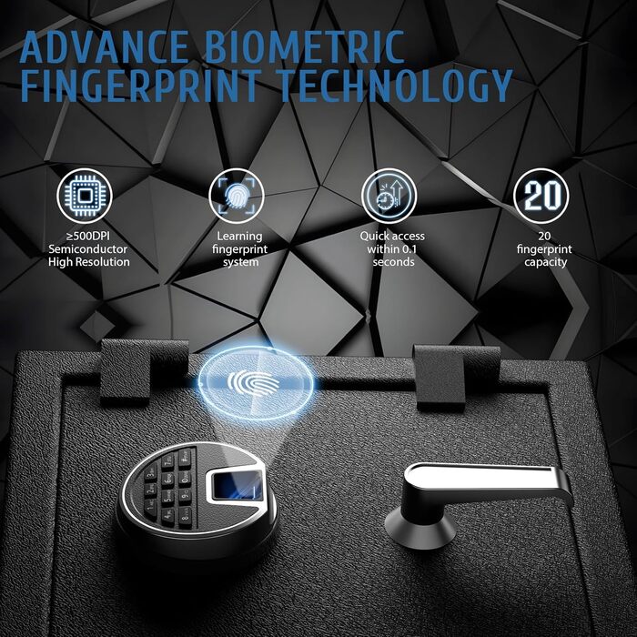 WASJOYE Вогнетривний сейф з біометричним замком, сейф для дому, офісу, готелю з цифровою клавіатурою та зарядкою Type-C (28L)