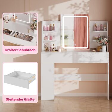 Трюмо Airfish з підсвічуванням 108x40 см: стіл для макіяжу з дзеркалом, 2 шухляди, 3 кольори, регулювання яскравості, для спальні/вітальні (білий)