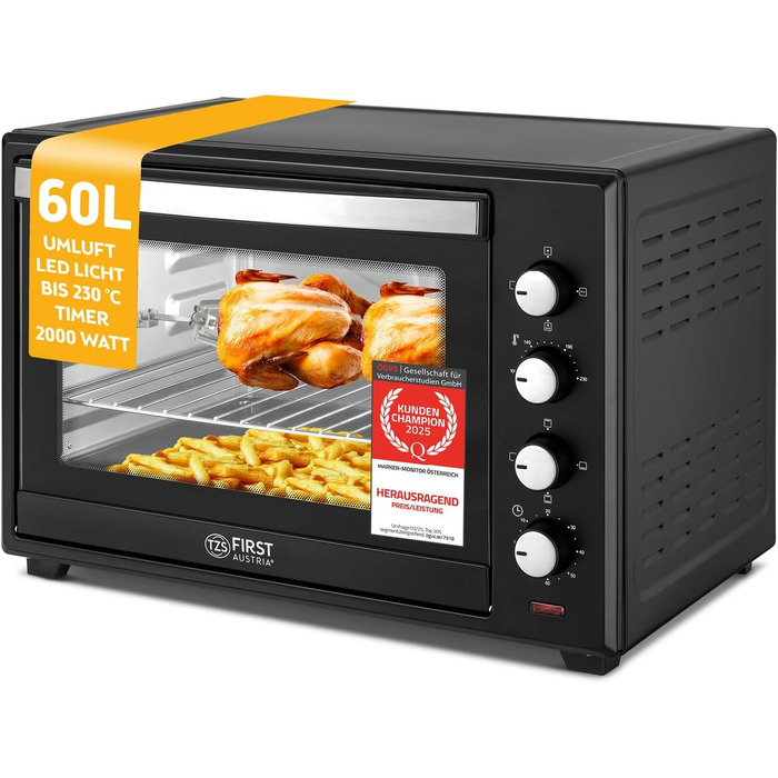 Міні-піч TZS First Austria 60L 2000W з регулюванням температури до 230°C, 6 режимів, таймер на 60 хв, 4 рівні встановлення, дека, решітка-гриль та вертулка