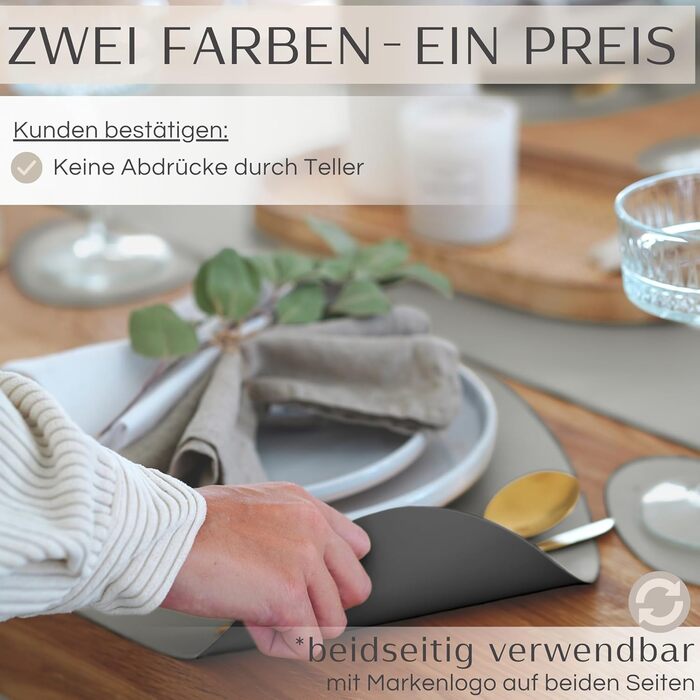 Набір з 6 преміум-підкладок для столу Mahewa® з екошкіри - підкладки для тарілок, миються та водонепроникні, підкладки під тарілки з імітацією шкіри (темно-сірий/світло-сірий, овальні з тримачем)