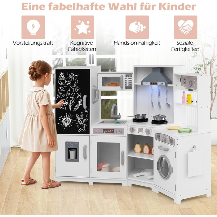 Детська дерев'яна кухня COSTWAY з підсвіткою та звуком, кутова кухня з табло, мікрохвильовою піччю, раковиною, духовкою та місцем для зберігання, з аксесуарами, іграшкова кухня для дітей від 3 років (біла)