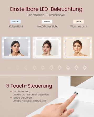 Дзеркальний туалетний столик VASAGLE з пуфом та 10x збільшенням, LED-підсвічуванням, ящиками та станцією для зарядки, 40 x 110 x 135 см, білий