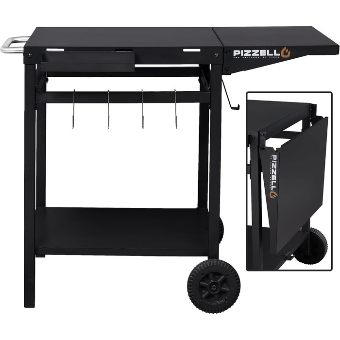 Гриль-візок PIZELLO з підготовчою станцією: візок для гриля, піца-стіл, сервірувальний візок з коліщатками, гачки, ручка, трансформована робоча поверхня, чорний