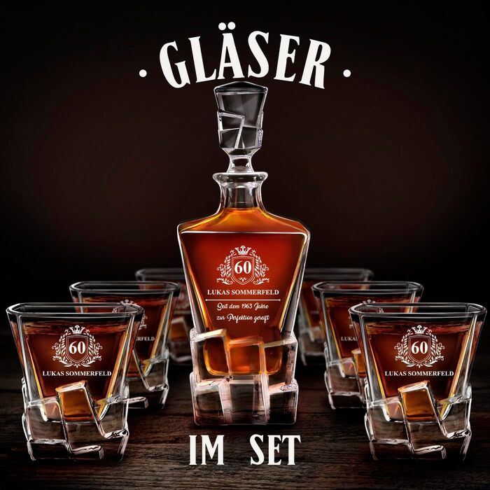 Мавертон Карафа для віскі 950 мл + Набір з 6 склянок для віскі з гравіюванням - Декантер для віскі - Подарунок на Різдво - Люксовий дизайн - Крісталльне скло - для чоловіків на день народження - Корона