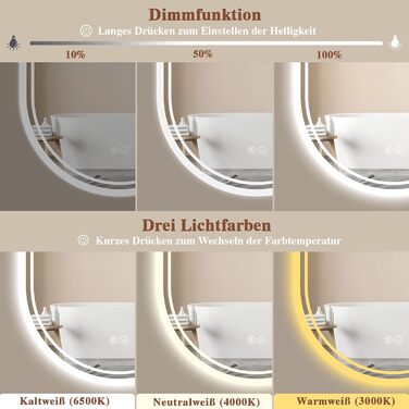 LED дзеркало для ванної кімнати Badspiegel з підсвічуванням, антизапар, сенсорне керування, регулювання яскравості, 3 кольори світла, овальне, 50x70 см