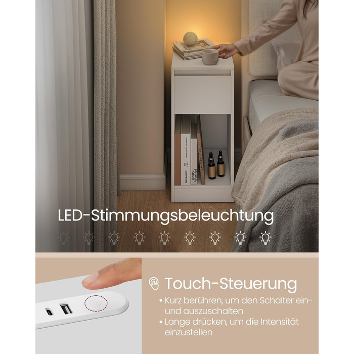 Приліжкова тумбочка VASAGLE з LED-підсвічуванням, USB-A та USB-C, з шухлядою та відкритим відсіком, для спальні/вітальні, білий колір LET610W01