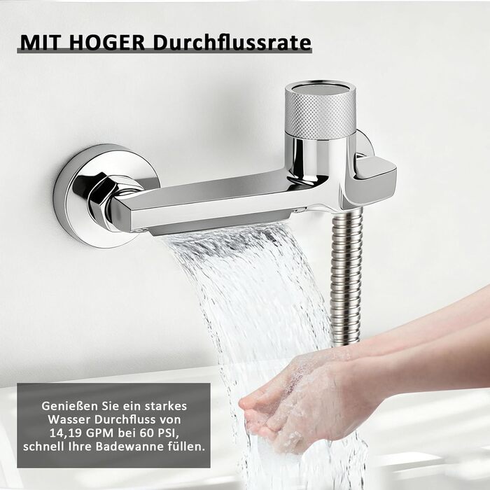 Змішувач для ванни з термостатом та двома виходами, душова лійка з запобіжним клапаном, настінний для ванни та душу, хром