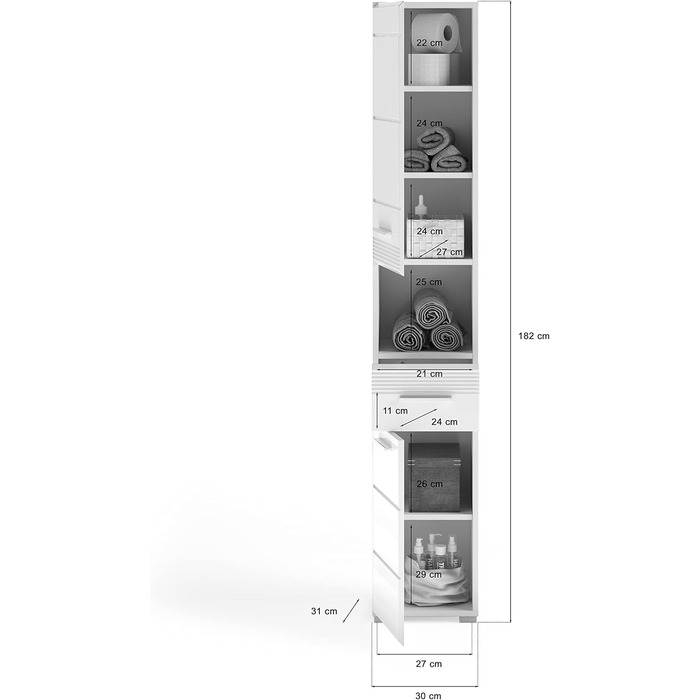 Висока шафа Білий Глянець, 30x182x31 см, Тумба для ванної кімнати
