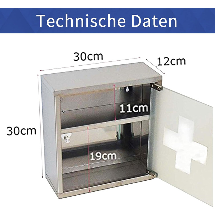 Аптечка для дому з замком, 60x30x12 см, 4 відділення, металева, з дверцятами зі скла, 2 ключі (білий), 4 відділення (сріблястий, 2 відділення)