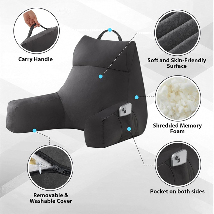 Підголовник для читання з підлокітниками для дорослих, подушка для спини для сидіння в ліжку, нарізана подушка для спини з піною з пам'яті з кишенями та знімним, пральним чохлом, для відпочинку, перегляду телевізора