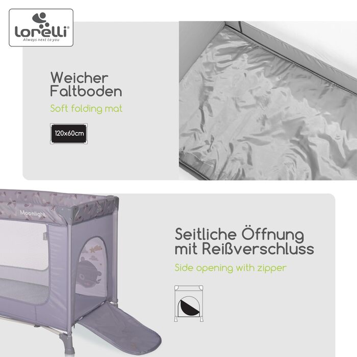 Lorelli Babybett und Laufstall Moonlight 2 в 1: дитяче ліжко та ігровий центр, рожевий, з транспортною сумкою