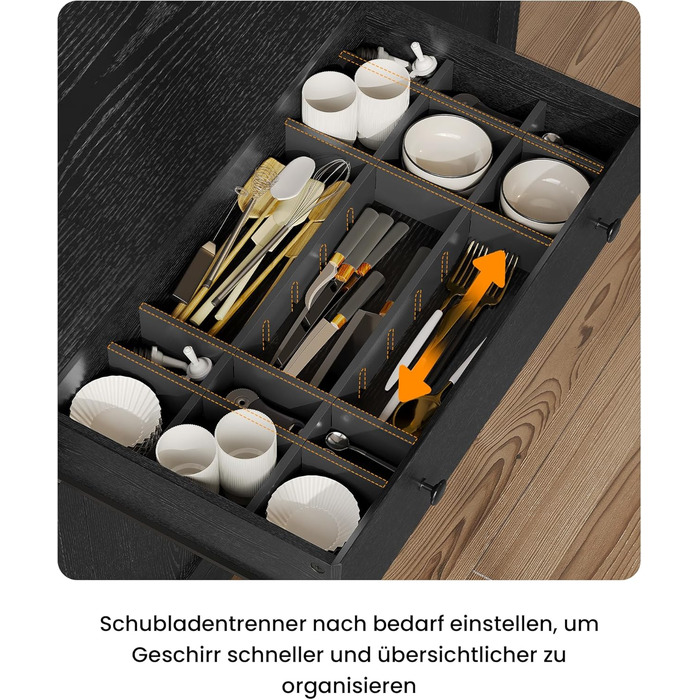 Чорний кухонний шафка з робочою поверхнею, буфет з LED-підсвіткою, розеткою, ящиками та регульованими полицями (103.5 x 40 x 180 см)