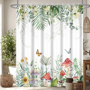 Штора для душу 180x220 см, Антигрибкова, з тропічним дизайном (пальмові листя, евкаліпт, гриби), водонепроникна, поліестер, для ванної кімнати, з 12 гачками, зелена