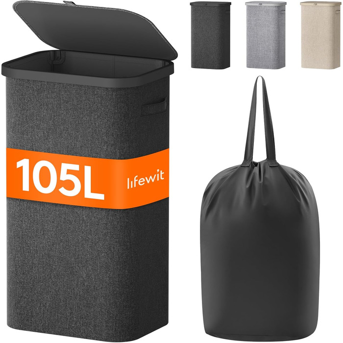 Кошик для білизни Lifewit 105L з кришкою, сірий, великий, складний, для спальні, ванної кімнати