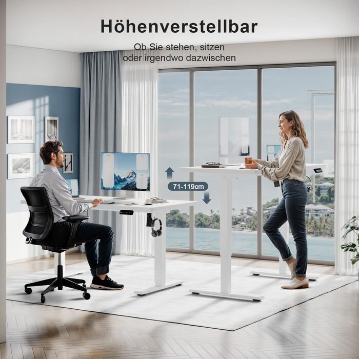 Регульований стіл 110x60 см, електричний, ергономічний, для дому та офісу, білий