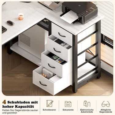 Комп'ютерний стіл L-подібний Devoko з 4 ящиками з тканини, 2 розетками та 2 USB-портами, для дому та офісу, ігор, білий, 140x80 см