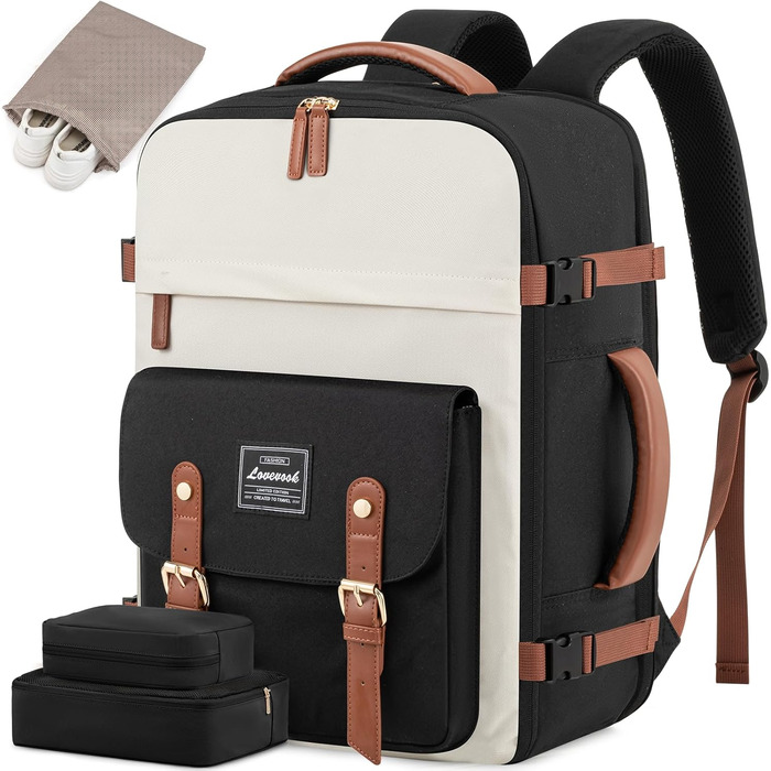 LOVEVOOK Рюкзак для ручної поклажі, жіночий рюкзак для подорожей, водонепроникний рюкзак для ноутбука 17 дюймів, шкільний рюкзак для жінок/студенток, чорний, коричневий (45x32x15 см)
