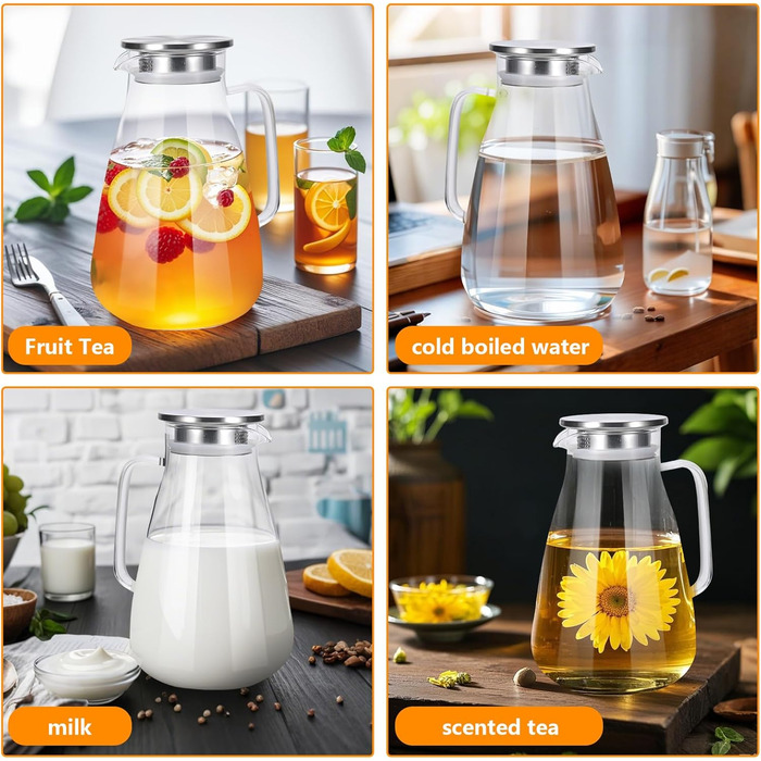 Скляна карафа 2,2 л з кришкою, термостійка, для води, соку та гарячих напоїв