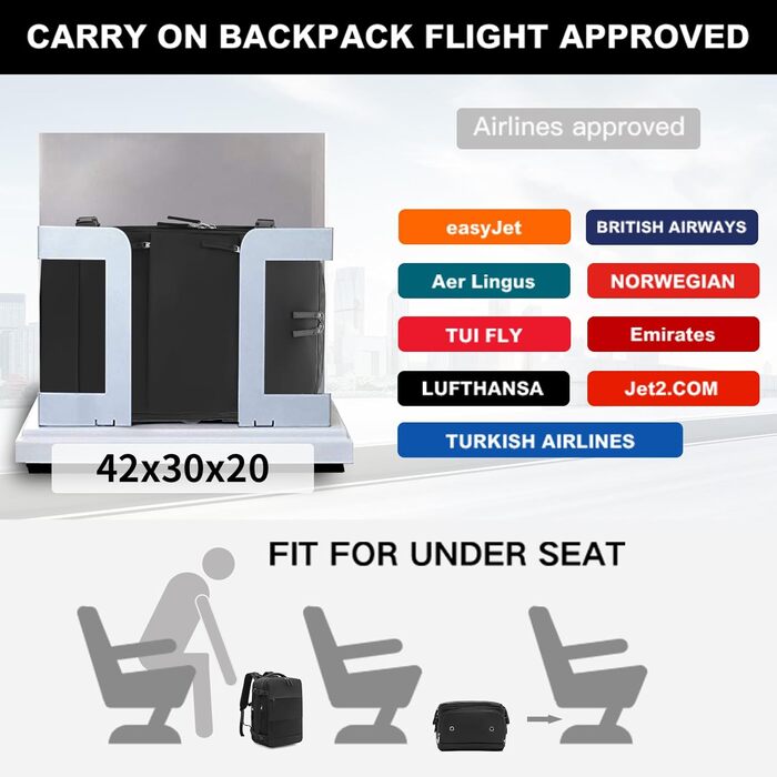 KONO Рюкзак для ручної поклажі 42x30x20, рюкзак для ноутбука 25L, Outdoor, для подорожей, спорту, Weekender з відділенням для взуття, чорний