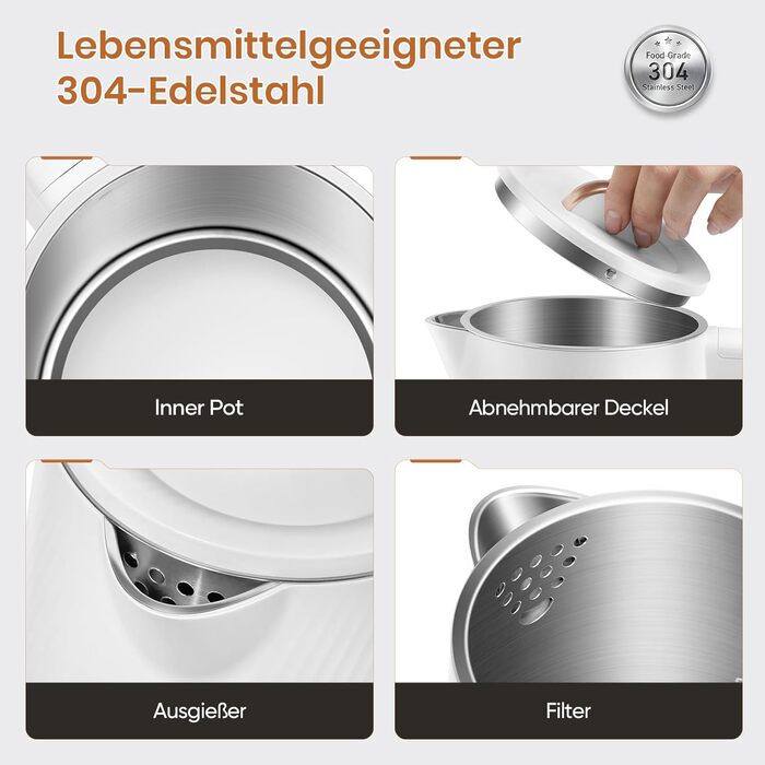 Електричний чайник OLEGA 1.8L, 1800W, з нержавіючої сталі, автоматичне відключення, захист від сухого кип'яття, білий