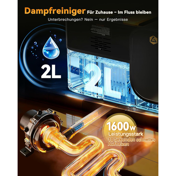 Пароочисник Gautye 3-рівневий регульований руків'я, нагрів за 10 секунд, бак 2L, 18 насадок, для кухні, ванної, підлоги, авто, вікон, чорний