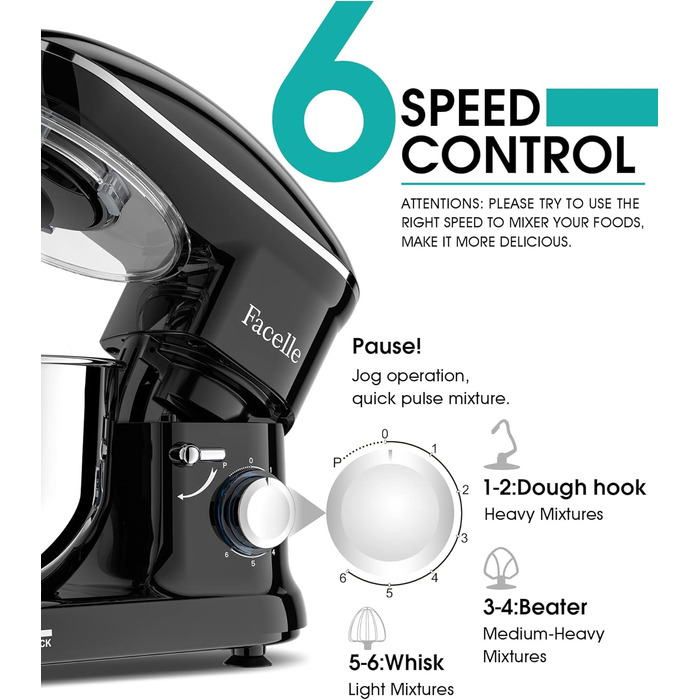 Кухонна машина Facelle 1500W з нержавіючою чашею 6.2 л, 6 швидкостей, комплект насадок (чорна)