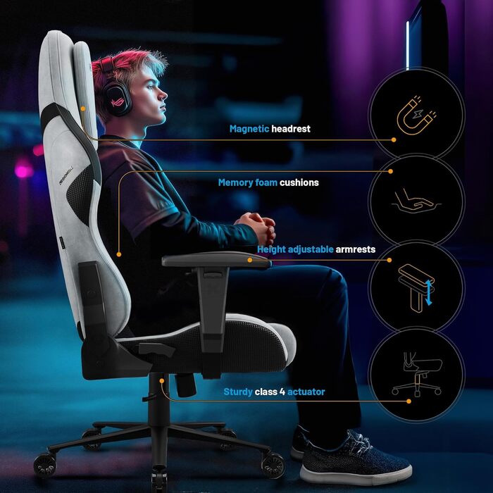 Ігровий крісло Diablo Gaming X.One Prime з підголівником та охолодженням. Міцний металевий каркас, регульовані підлокітники. Макс. вага: 140 кг (Сірий)