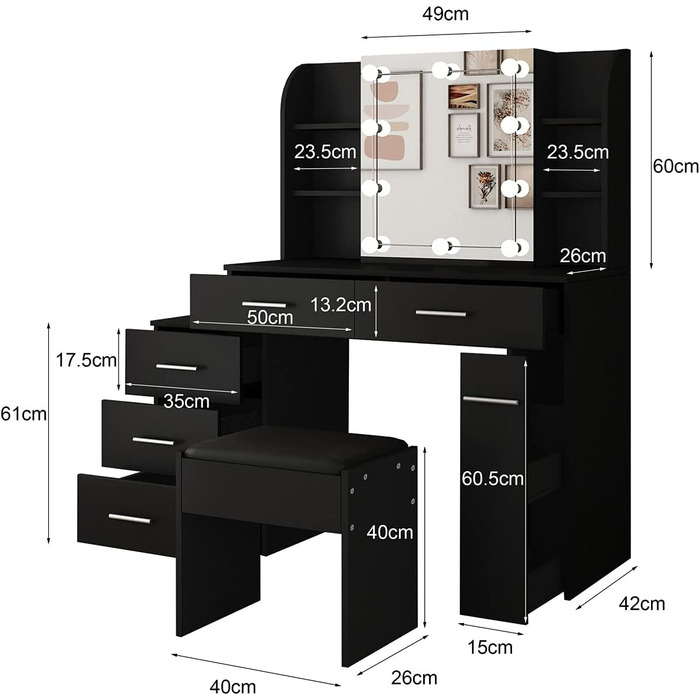 Туалетний столик з лампочками і розсувним дзеркалом, чорний, 5 ящиків, 6 полиць, табурет, сучасний, спальня