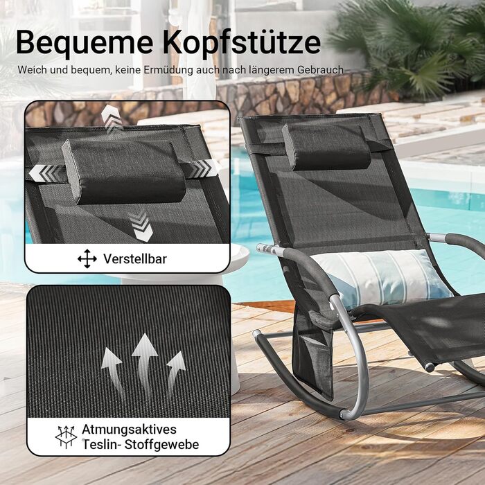 Шезлонг SoBuy для 2 осіб, чорний, для саду, тераси, балкону, кемпінгу, до 150 кг, з підголовником, стійкий до погодних умов