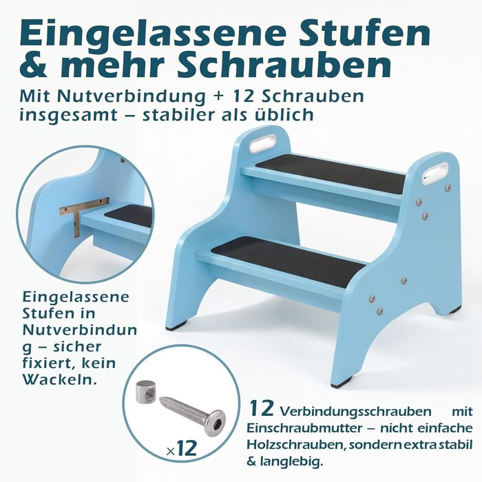 Дерев'яний трисходовий стільчик для дітей Tritthocker – безпечний, з антиковзним покриттям, для ванної та кухні, скандинавський дизайн, колір: натуральний (блакитний)