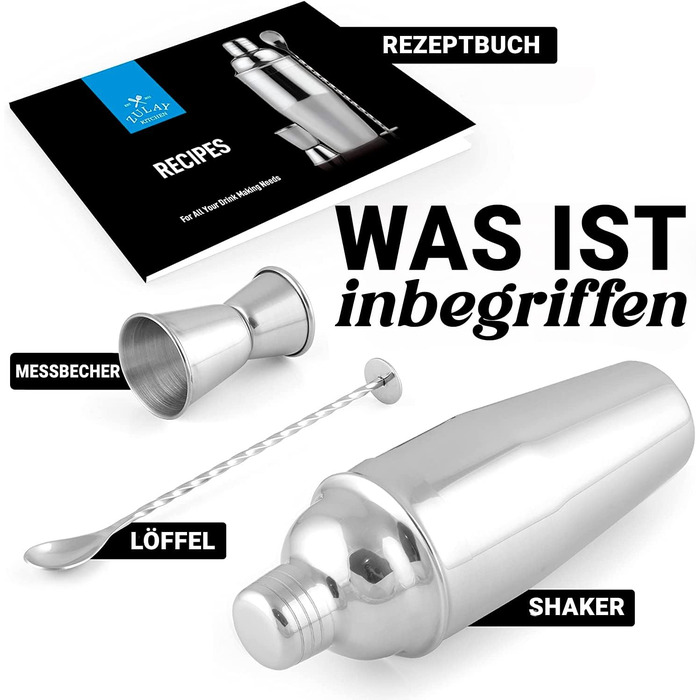 Набір шейкерів для коктейлів Zulay з нержавіючої сталі 700 мл (6 шт.) – шейкер, джиггер, стік та ложка для змішування – для Маргарити та інших коктейлів