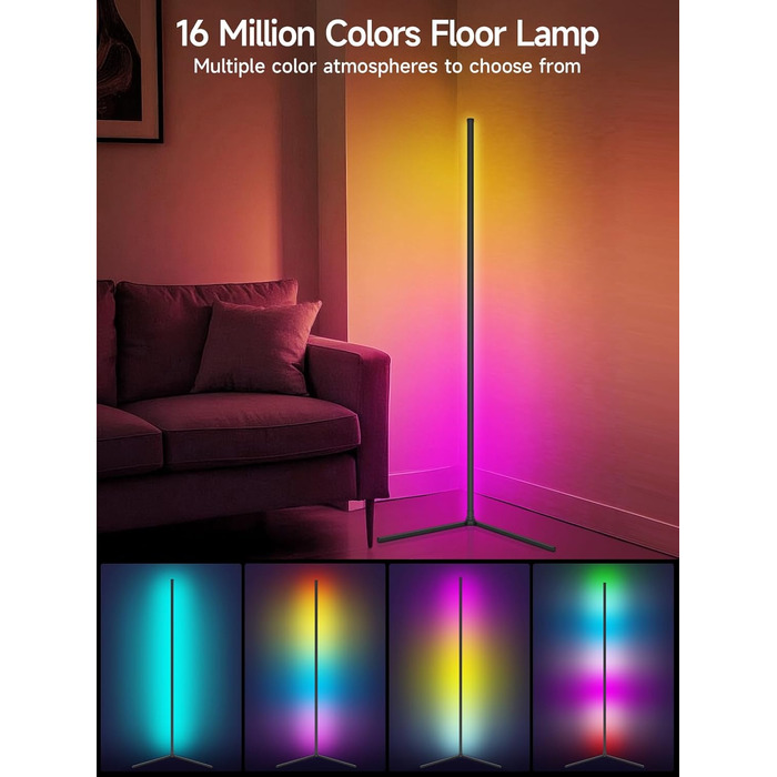 Світлодіодний торшер RGB з кутовим освітленням, керуванням зі смартфона та пультом, синхронізація з музикою, 16 млн кольорів для спальні, ігрової кімнати