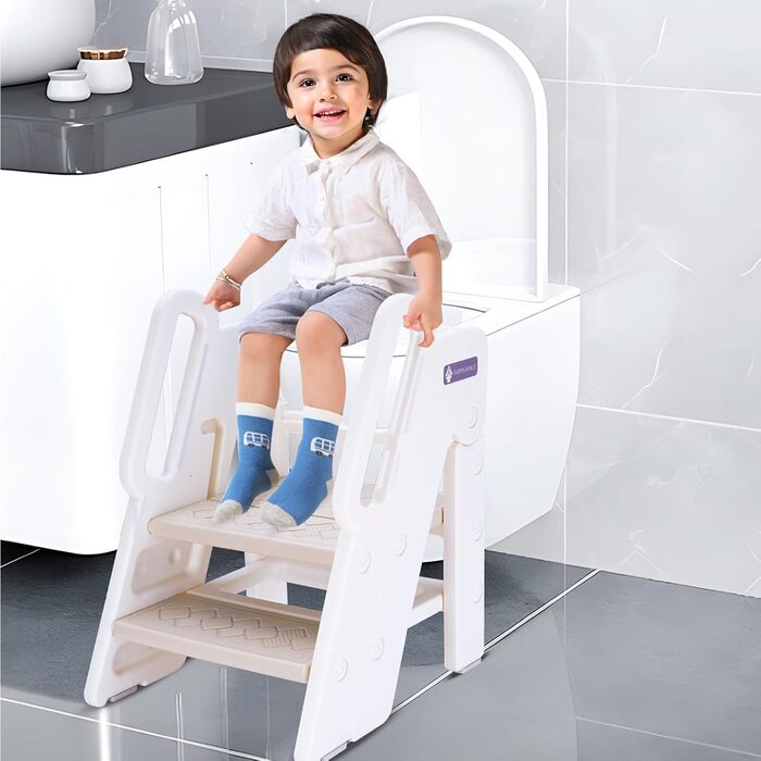 Дитячий триступеневий стільчик Funecho з регулюванням висоти, ручками та антиковзними сходинками. Легкий пластиковий дизайн для ванної кімнати, кухні та безпеки (Верблюд)