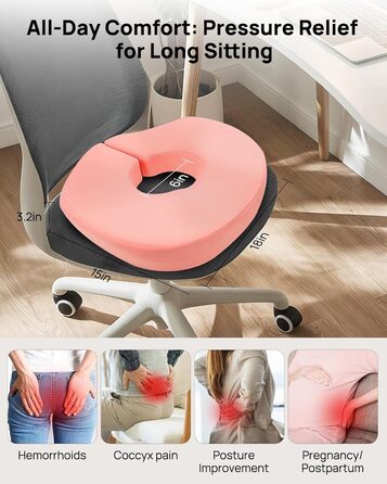 Ортопедична подушка-кільце Feagar для сидіння, ергономічна подушка-пончик від геморою, ішіасу та для післяпологового відновлення, регульована (Рожева, стандарт 60-100 кг)