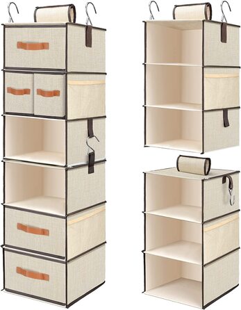 Органайзер для підвісної шафи з 6 полицями, модернізовані підвісні полиці для шафи з 3 висувними ящиками і бічними кишенями, підвісна полиця для спальні або вішалка для одягу, 32 х 32 х 11 см, бежевий