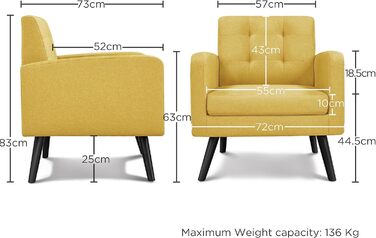 Крісло-мішок Yaheetech з підлокітниками, жовте, з поліестеру, 136 кг, для вітальні