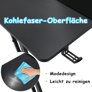 Ігровий стіл XMTECH 140x60 см з RGB LED, стіл для комп'ютера з карбоновою поверхнею, ергономічний стіл з тримачем для навушників та підстаканником, чорний